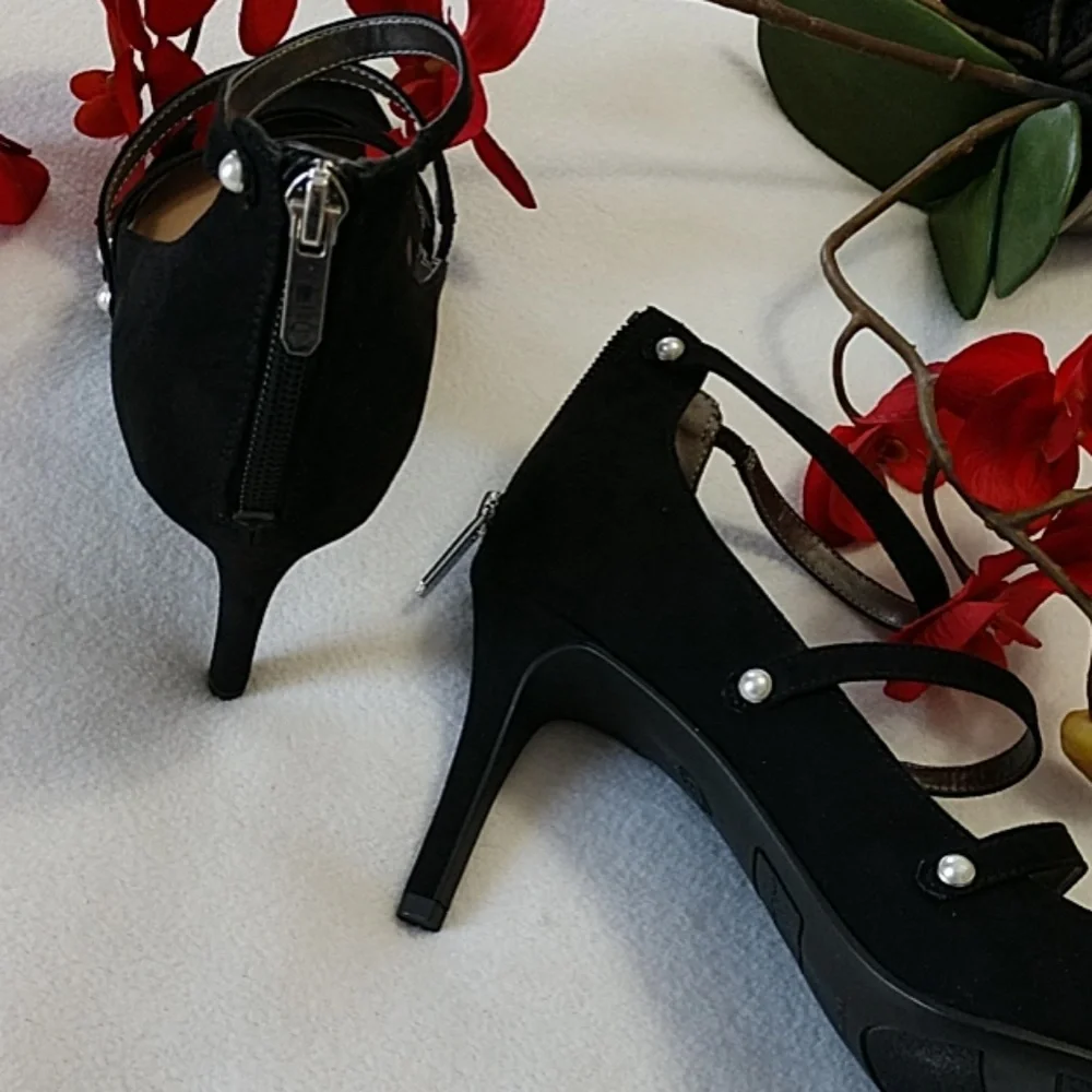 NEW Strappy Stilettos Heels Sexy Back Zip Faux Pearls Black Libby Edelman 8.5 - Picture 7 of 8